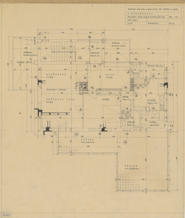 Michal Maximilián Scheer – Rodinný dom generálneho riaditeľa Fr. Kouta v Ružomberku. Pôdorys prízemia. M 1:50