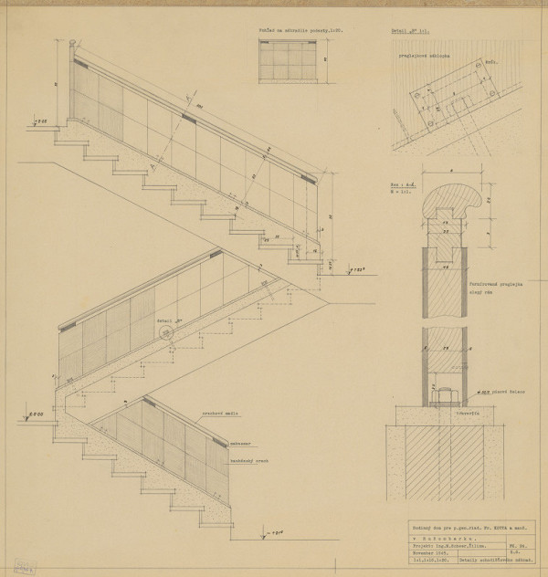 Michal Maximilián Scheer – Rodinný dom generálneho riaditeľa Fr. Kouta v Ružomberku. Detaily schodišťového zábradlia. Pohľad a rez. M 1:20, M 1:10, M 1:1
