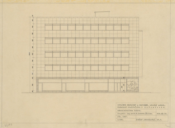 Michal Maximilián Scheer – Administratívna budova, Ružomberok. Juhozápadný pohľad. M 1:100
