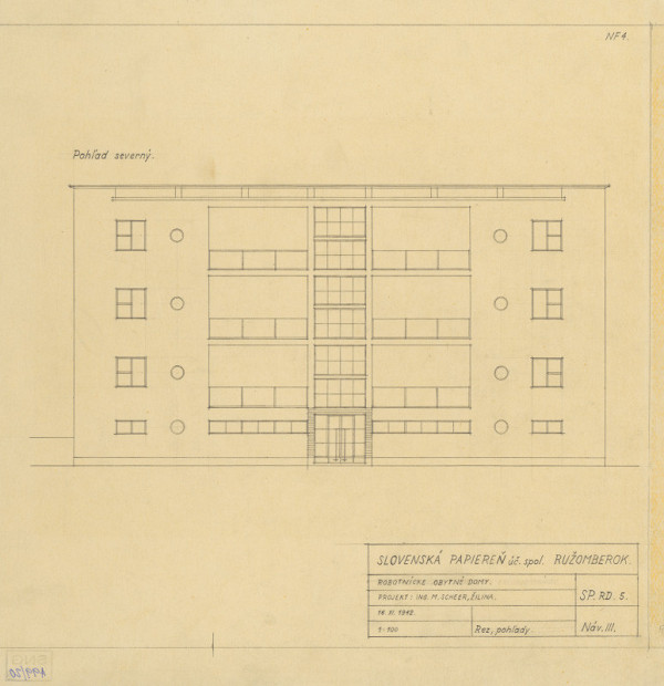 Michal Maximilián Scheer – Slovenská papiereň v Ružomberku. Robotnícke obytné domy. Severný pohľad. M 1:100.