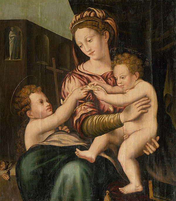 Taliansky maliar z 1. polovice 16. storočia - okruh Rafaela Santiho, Taliansky majster z 1. polovice 16. storočia – Madona s Ježiškom a svätým Jánom Krstiteľom
