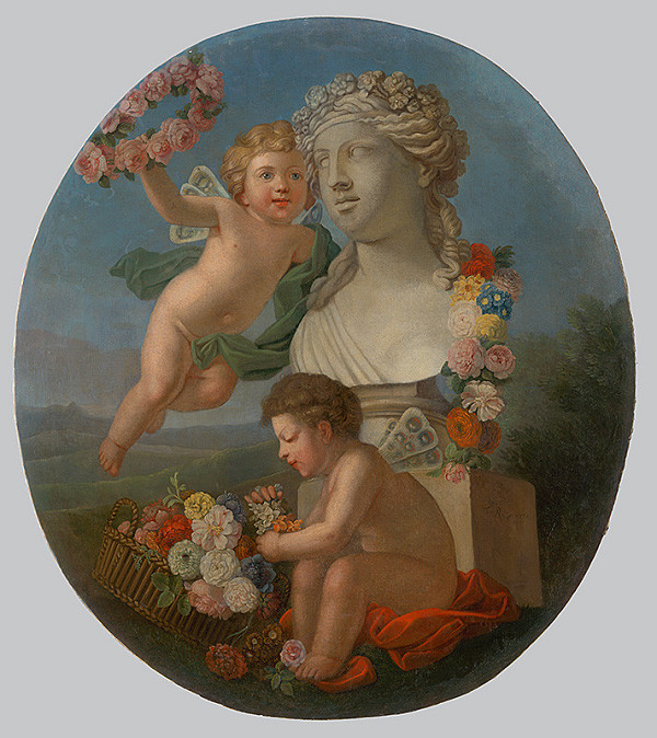 Monogramista F.R. z roku 1776 – Decorative Panel with a Bust, Angels and Flowers