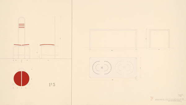 Viktor Holešťák-Holubár – Záhradný nábytok F. Súprava oceľ, drevo. Štipendium SFVU 1988. Návrh - nárys, pôdorys, bokorys, detail. M 1:5