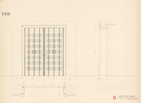 Viktor Holešťák-Holubár – Brána II. Objekt na Nám. Slovanskej vzájomnosti 6, OPS Nitra. Návrh - náhľad, bokorys, bočný pohľad, rez. B. M 1:10