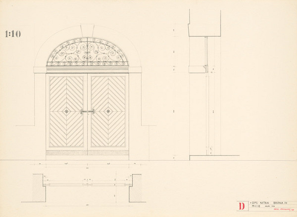 Viktor Holešťák-Holubár – Brána IV. OPS Nitra - objekt Domu ČSSP. D. Návrh - čelný pohľad, nárys, bokorys, rez. M 1:10