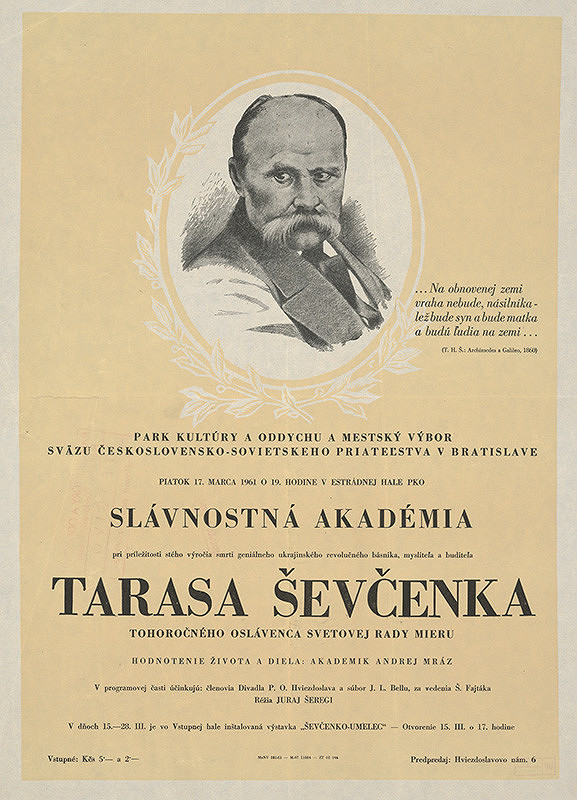 Bratislavský autor – Slávnostná akadémia pri príležitosti stého výročia smrti geniálneho ukrajinského revolučného básnika, mysliteľa a buditeľa Tarasa Ševčenka